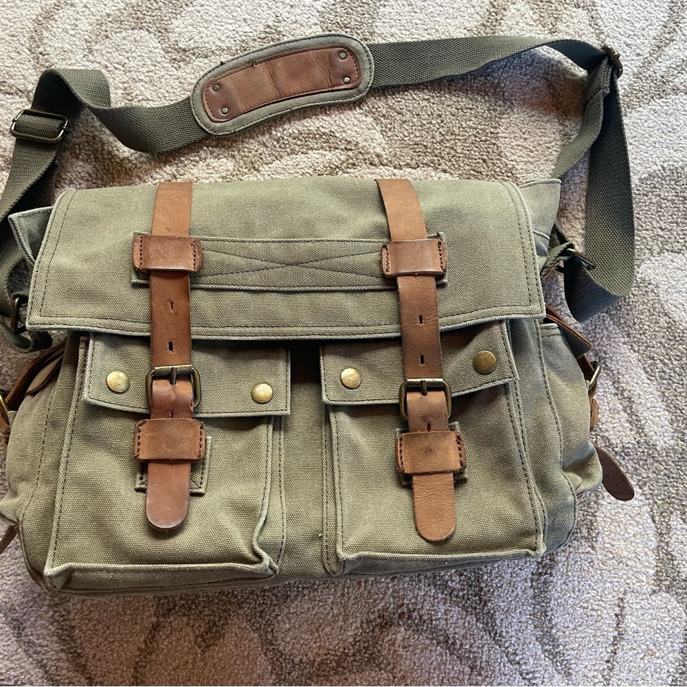 Khaki Canvas Camera Bag with Tan Straps